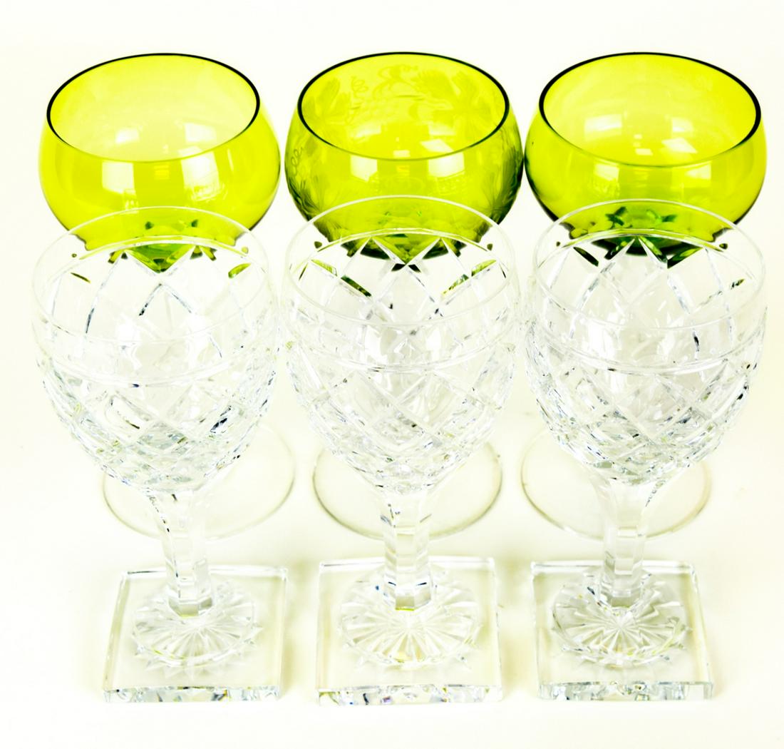 Collection Signed Val Saint Lambert Wine Glasses: Collection Signed Val Saint Lambert Crystal Wine Glasses. Pair green top glasses, one green top etched fruit glass & 3 crystal glasses. Largest piece measures 7 inches high 3 inches in diameter.