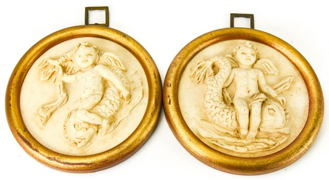 Pair of Gilt Framed Plaques w Cherubs on Serpents (1 of 9)