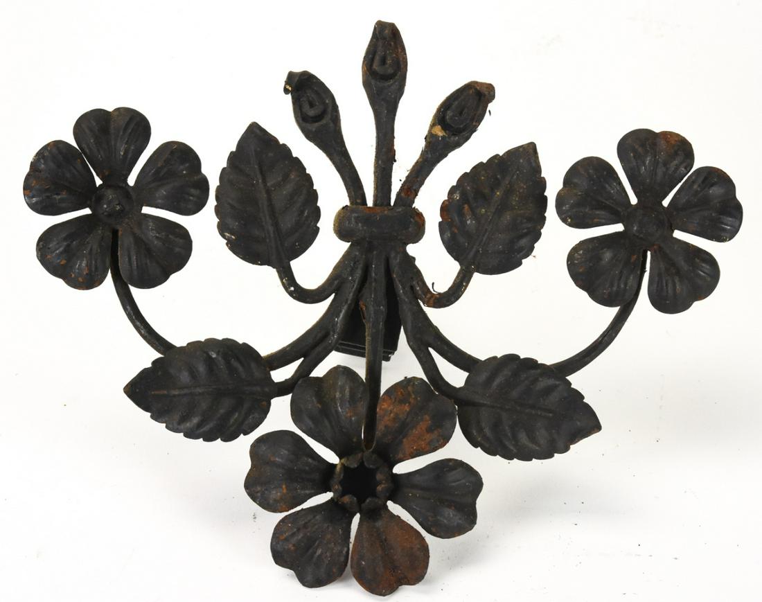 Antique Tole Metal Iron Floral Motif Wall Bracket: Antique Tole Metal Iron Floral Motif Wall Bracket. Measures 7 x 8.25 inches.