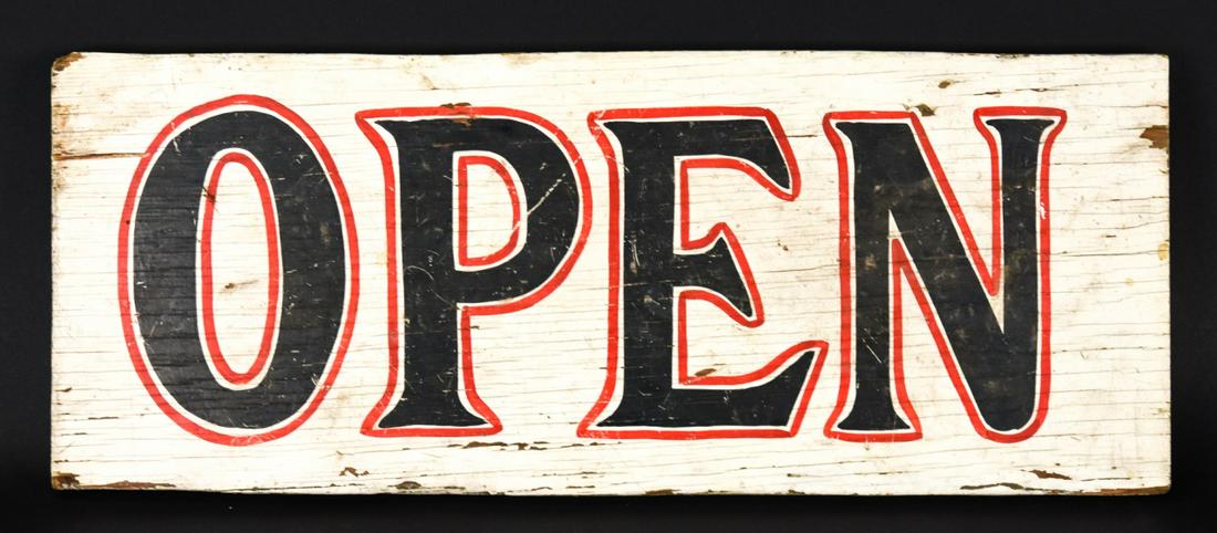 Antique Hand Painted Folk Art OPEN Store Sign (1 of 9)