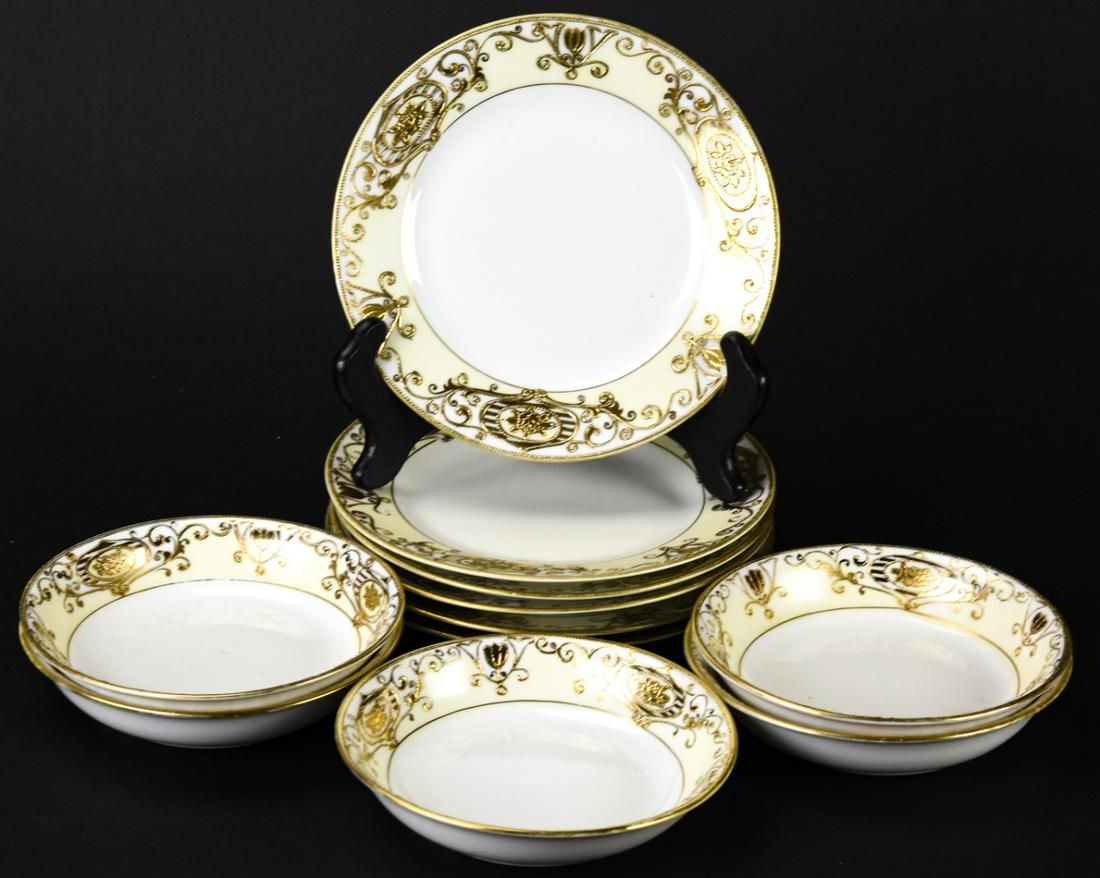 Antique Set Gilt Enamel Decorated Dishes & Bowls: Antique Set Gilt Enamel Decorated Dishes & Bowls. Nippon. Dishes are 6.25 inches in diameter.