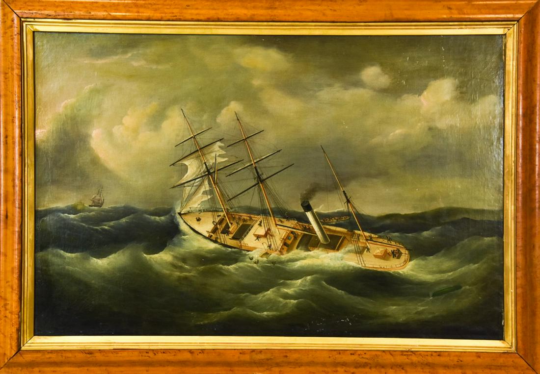 Antique 19th C Maritime Oil Painting Burled Frame: Antique 19th Century Maritime Oil on Canvas Painting in Burled Period Frame. Painting depicts a sinking steamship among rough waters. Men can be seen jumping overboard and in the background a life boa