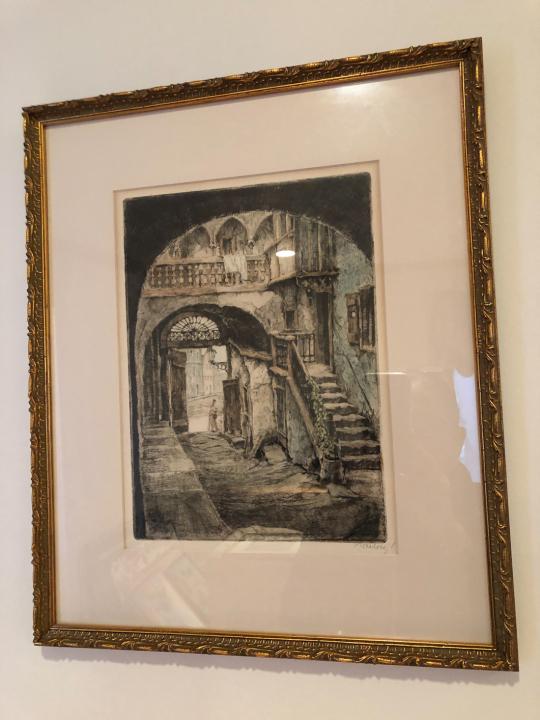 Framed Antique Lithograph of European Street Scene (1 of 2)