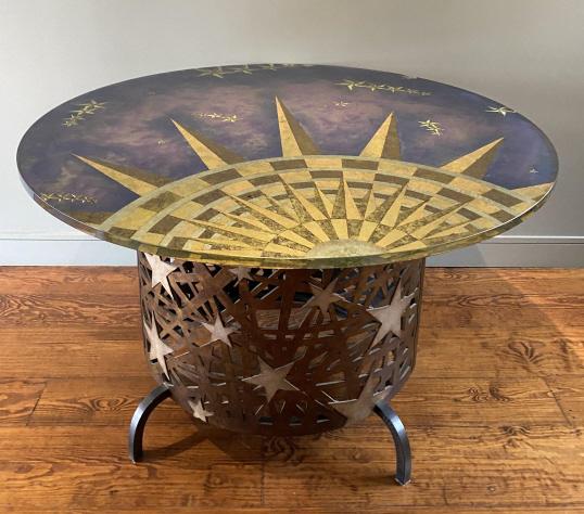 Modern Celestial Pierced Wood & Glass Coffee Table: Modern Celestial Pierced Wood & Art Glass Top Coffee Table. Glass top features sun and star design. Measures 31 inches high x 47.5 inches in diameter.