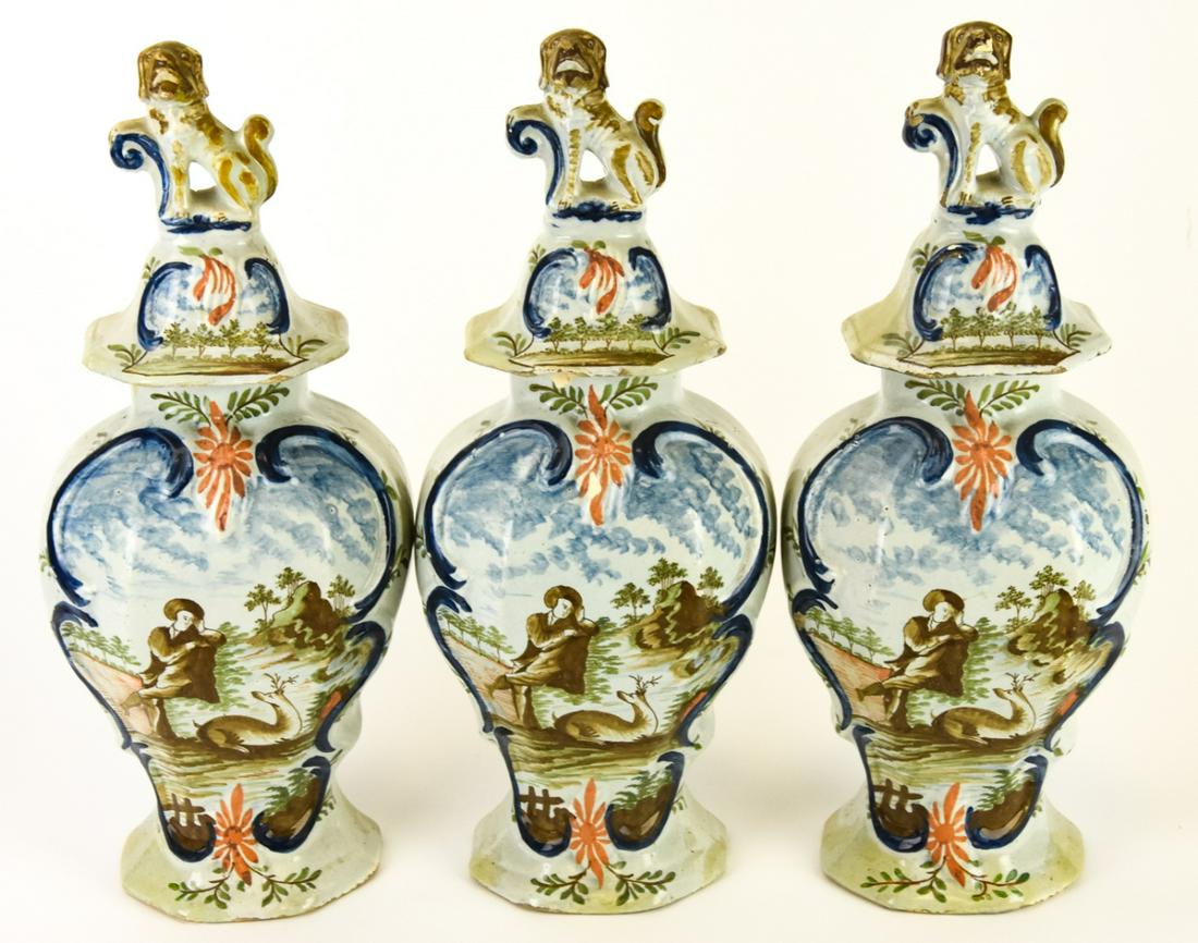 Delft Hand Painted Faience Lidded Urns Dog Finial (1 of 9)