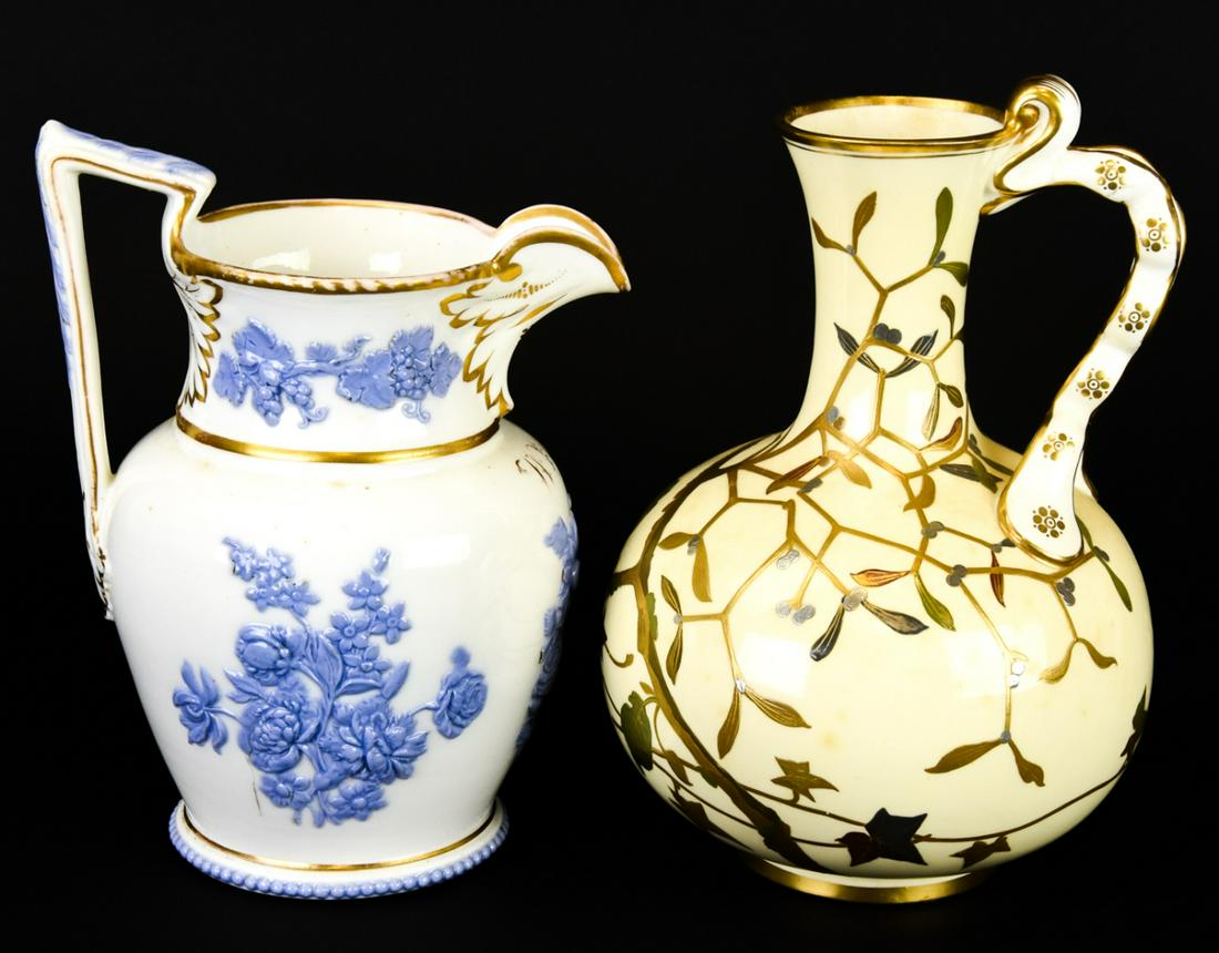 Two Antique Minton English Porcelain Pitchers: Two Antique Minton English Porcelain Pitchers. Including a Minton's Mess Caldwell & Co. Philadelphia hand painted with gold and silver Japanese style blossoming bush design & Minton circa 1840 white t