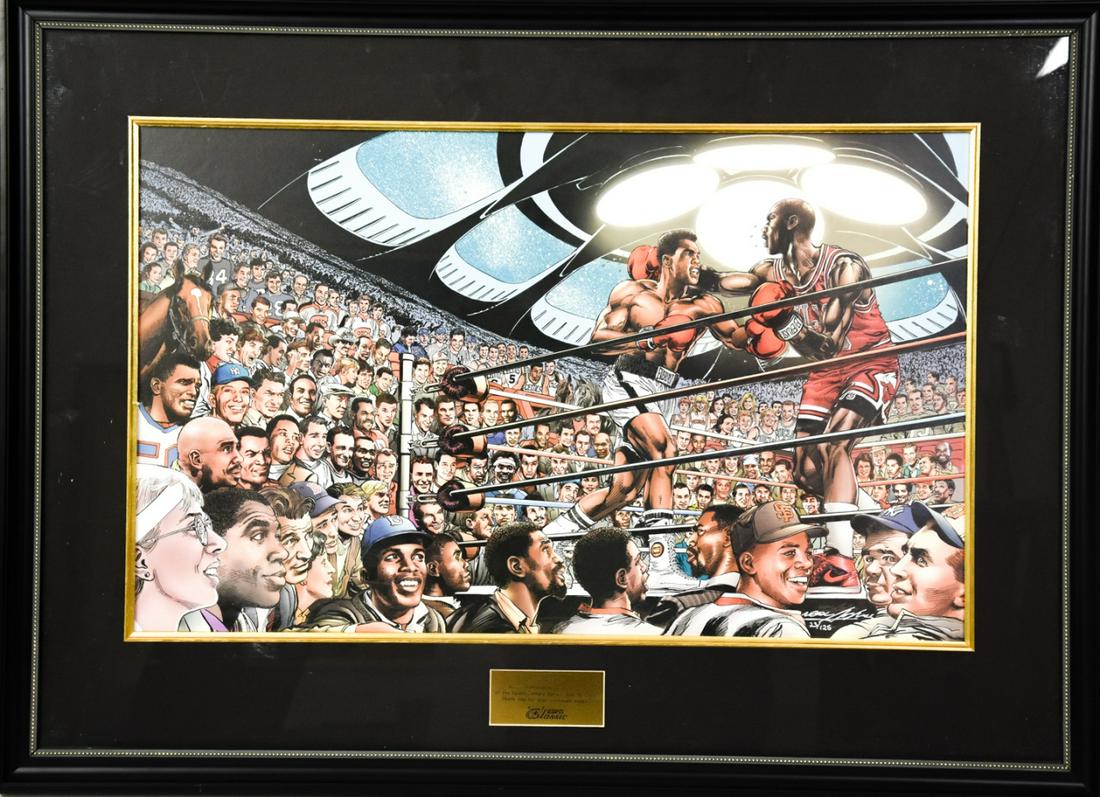 Signed Neal Adams Champions of the Century Print: Framed & Signed Neal Adams (American, b. 1941) "Champions of the Century" Limited Edition Print. Image was used for ESPN Magazine's Millennium Issue. #23/125. Presented to Chuck Ellis. Singed in botto