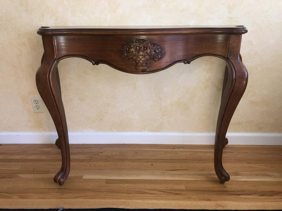 Louis XIV Carved Serpentine Front Demi Lune: Louis XIV Carved Demi Lune. Serpentine carved front with fruit basket motif. 31 inches x 34 inches x 18 inches