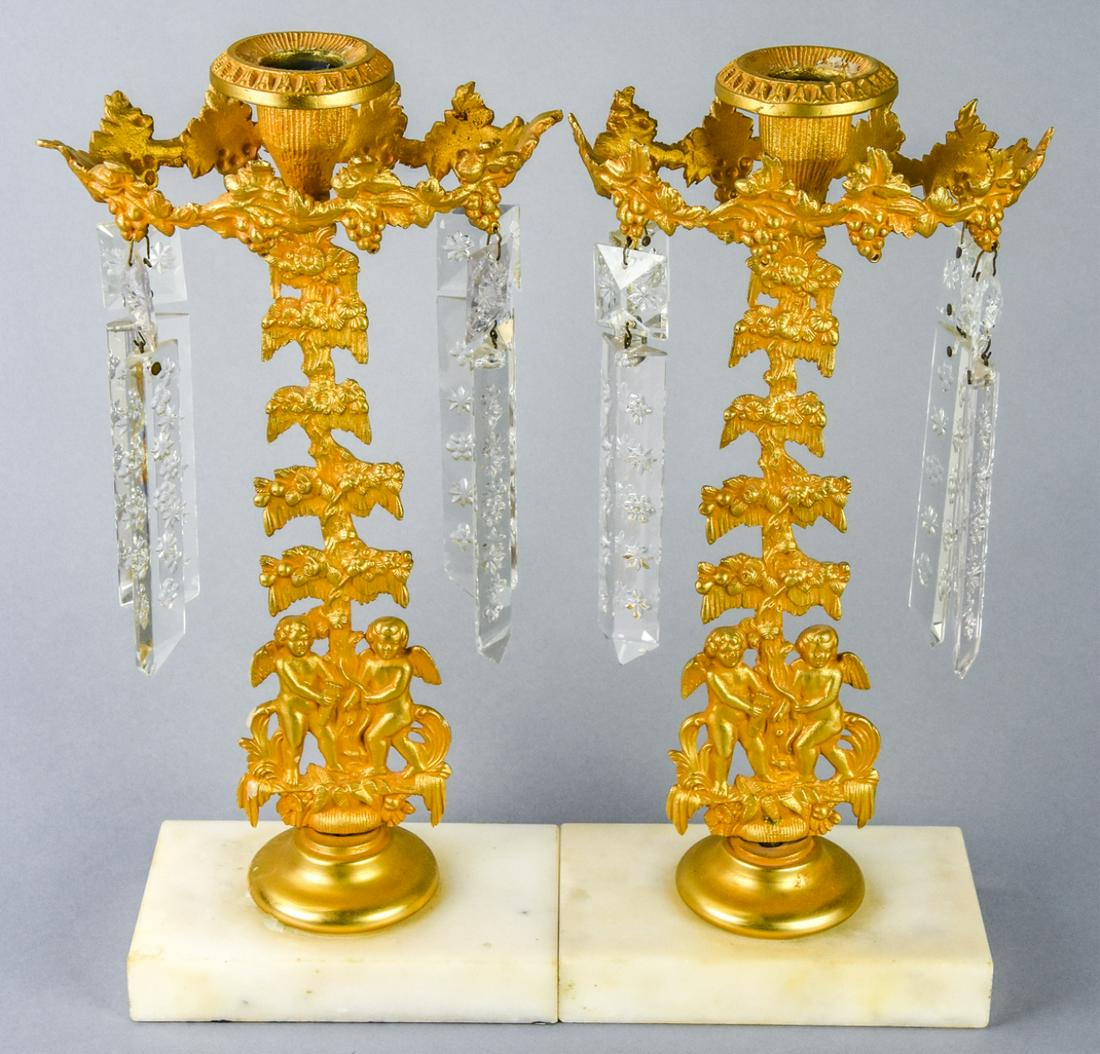 Pair Ormolu Crystal Marble Candlesticks w Putti (1 of 8)