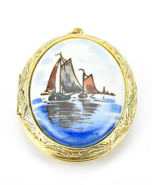 Hand Painted Porcelain Sailboat Plaque Locket: Vintage Hand Painted Porcelain Sailboat Plaque Locket Necklace Pendant. Measures just over 2 inches in length.