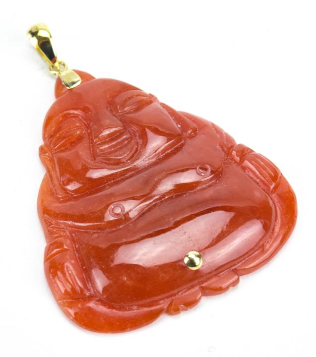 Estate 14kt Yellow Gold & Carnelian Chinese Buddha: Estate 14kt Yellow Gold & Carnelian Chinese Buddha Necklace Pendant. Hand carved carnelian Buddha with 14kt yellow gold fitting / bail. Measures approximately 2 inches in length.