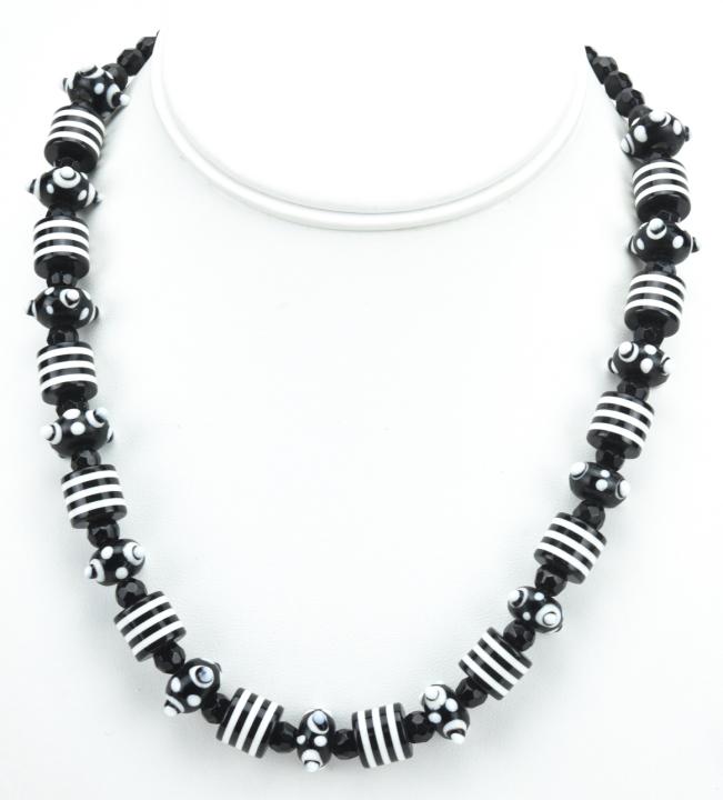 Sterling French Jet Black White Art Glass Necklace (1 of 7)