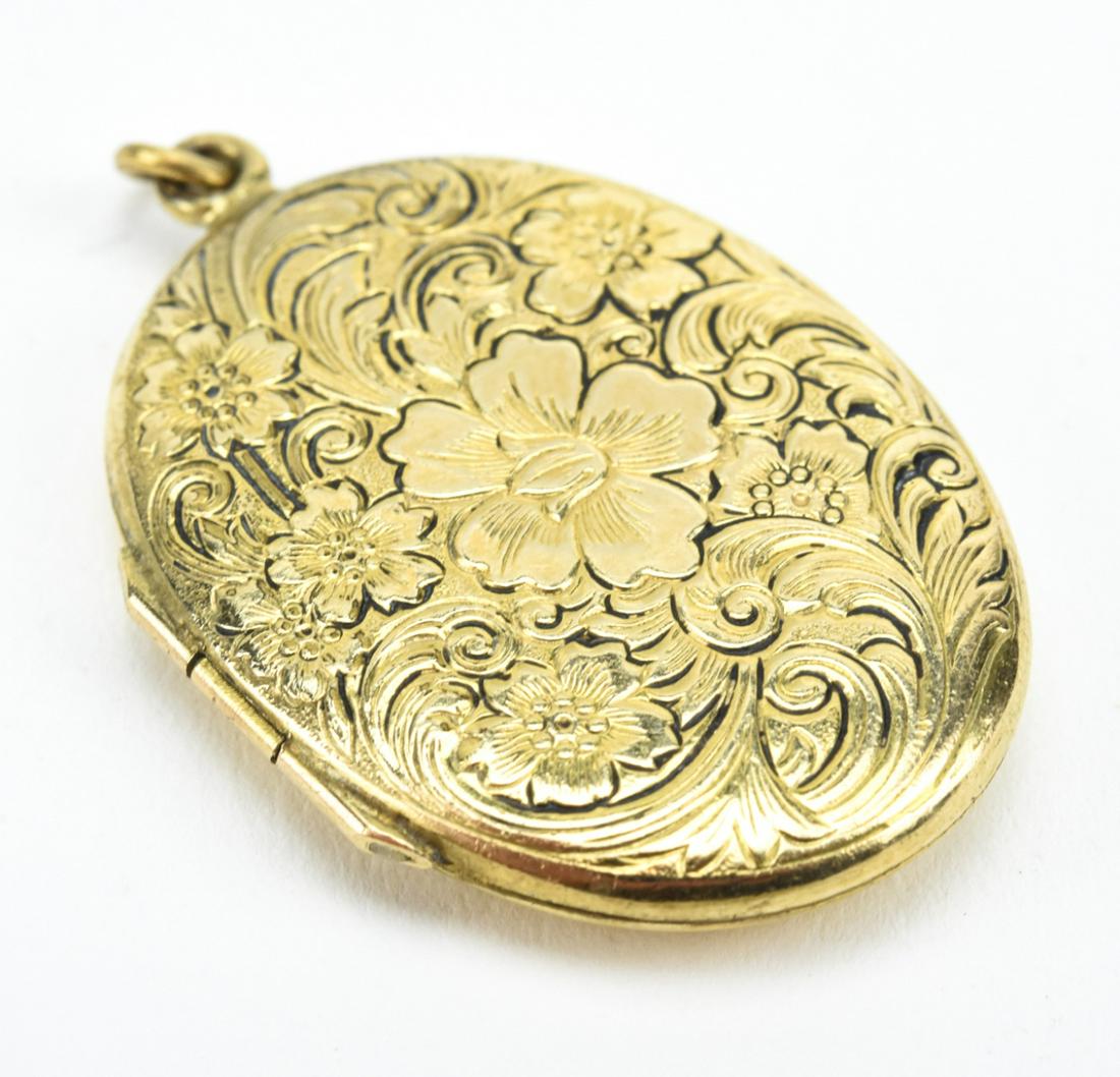 Antique Gold Filled Floral Motif Locket Pendant: Antique / Estate Gold Filled Floral Motif Locket Pendant. Oval locket necklace pendant. Measures just under 1.75 inches in length with the bail.