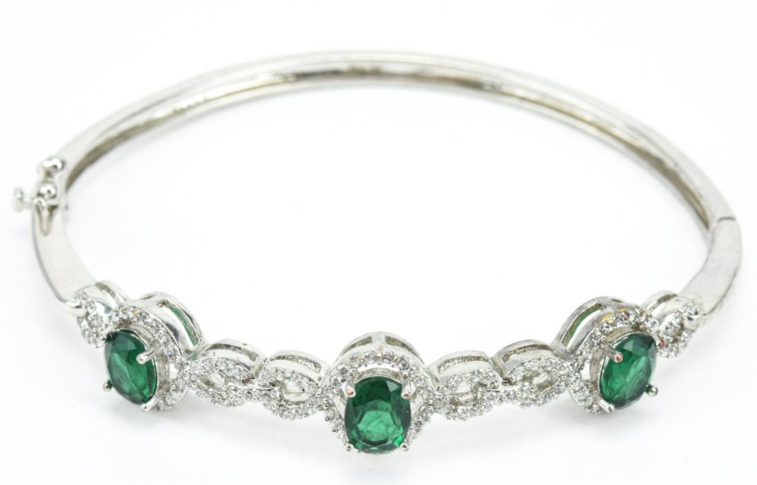Silver Emerald Paste & Rhinestone Bangle Bracelet (1 of 8)