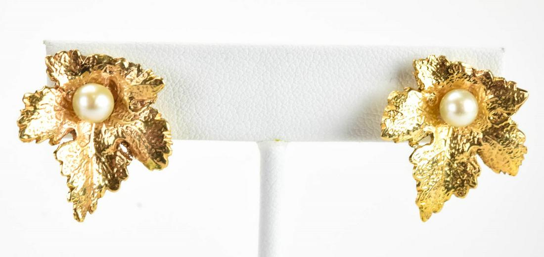 Estate 14kt Yellow Gold & Pearl Earrings: Estate 14kt Yellow Gold & Pearl Earrings. Ivy leaf design with pearl at center modeled in 14kt yellow gold. Each measures 1 inch in length. Earring backs are gold filled.