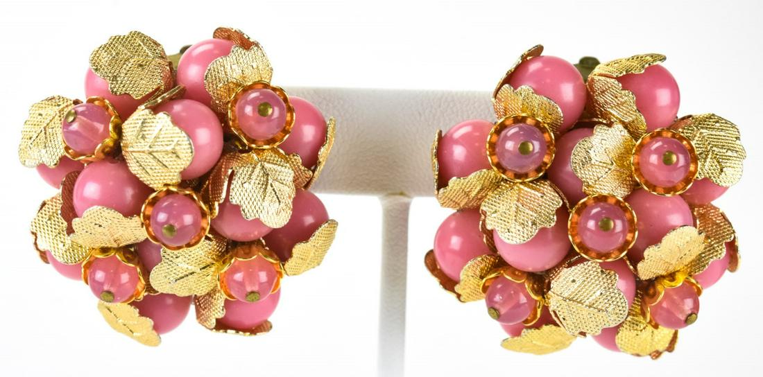 Pair 1980s Pink Bead Cluster & Leaf Motif Earrings (1 of 5)