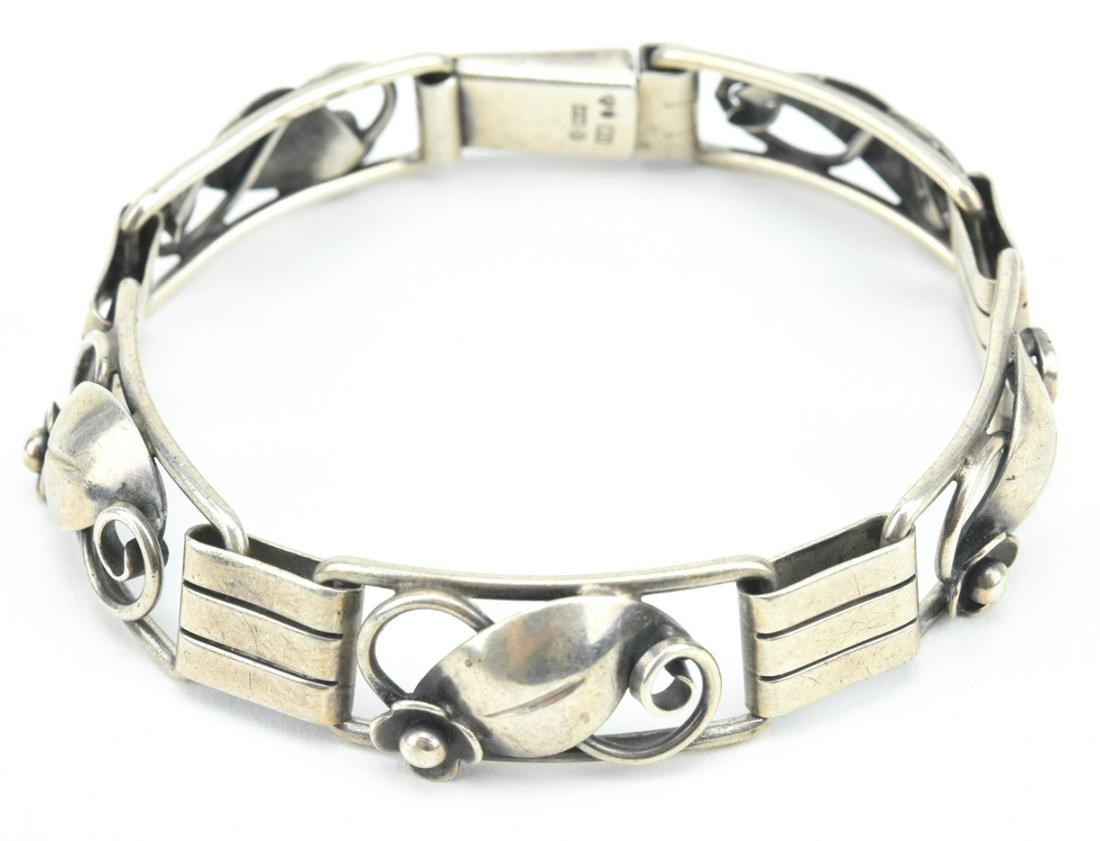 Mid Century Swedish Sterling Silver Panel Bracelet: Mid Century Swedish Sterling Silver Articulated Panel Bracelet. Marked B9 for 1952, three crowns for sterling, ASA for maker, additional hallmarks. Measures 7.5 inches in length.