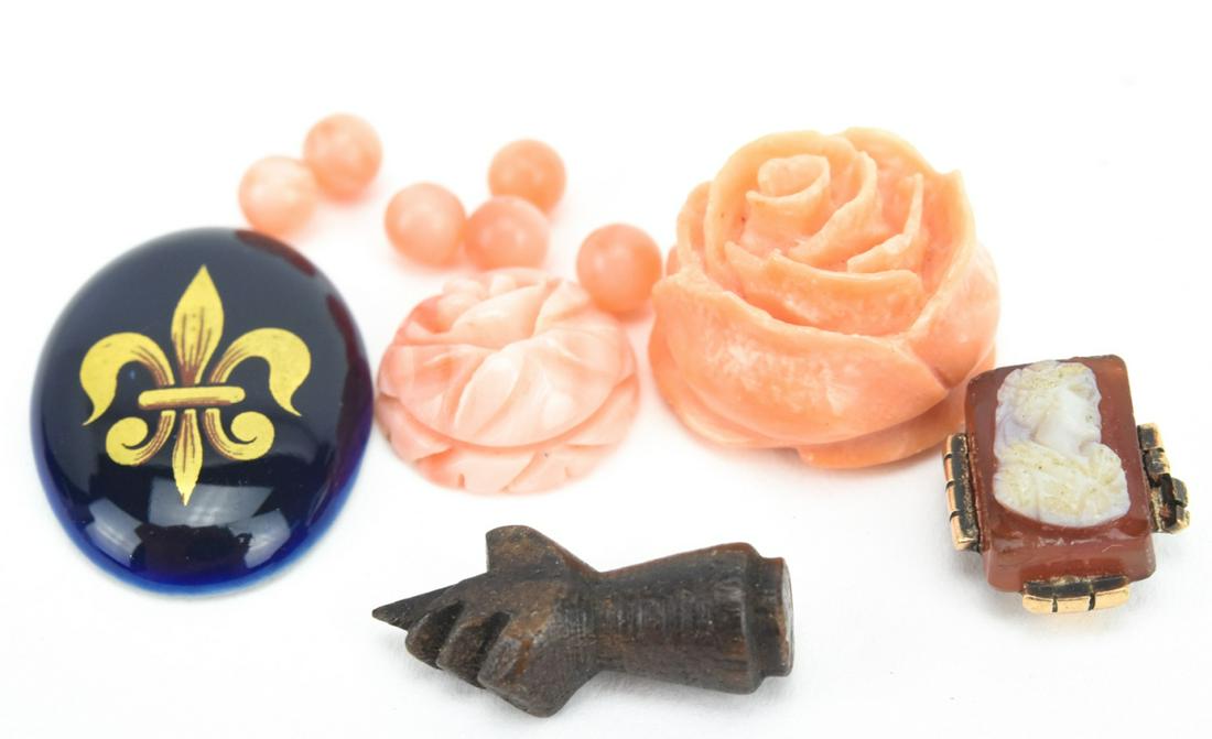 Antique & Vintage Jewelry - Coral Figa & Gold: Antique & Vintage Jewelry - Hand Carved Natural Coral, Hand Carved Figa & Gold Cameo. Porcelain Limoges Fleur de Lis measures 7/8ths of an inch in length.