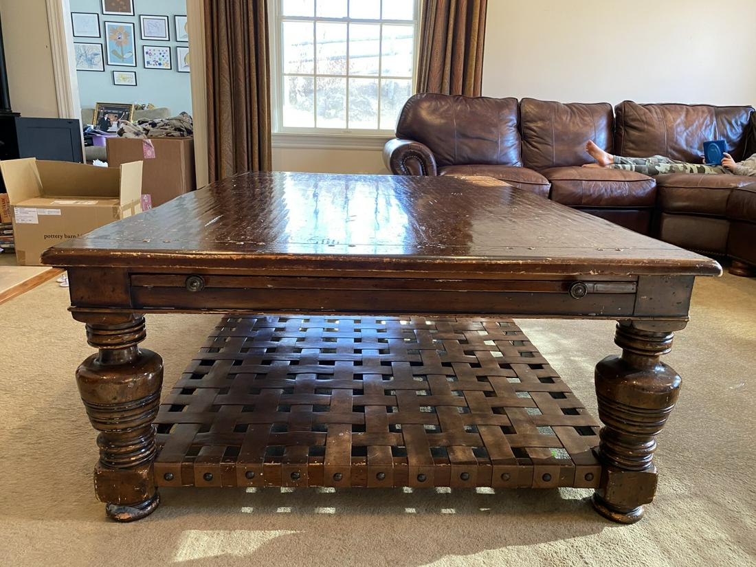 Jacobean Carved Coffee Table w Woven Leather Base (1 of 7)