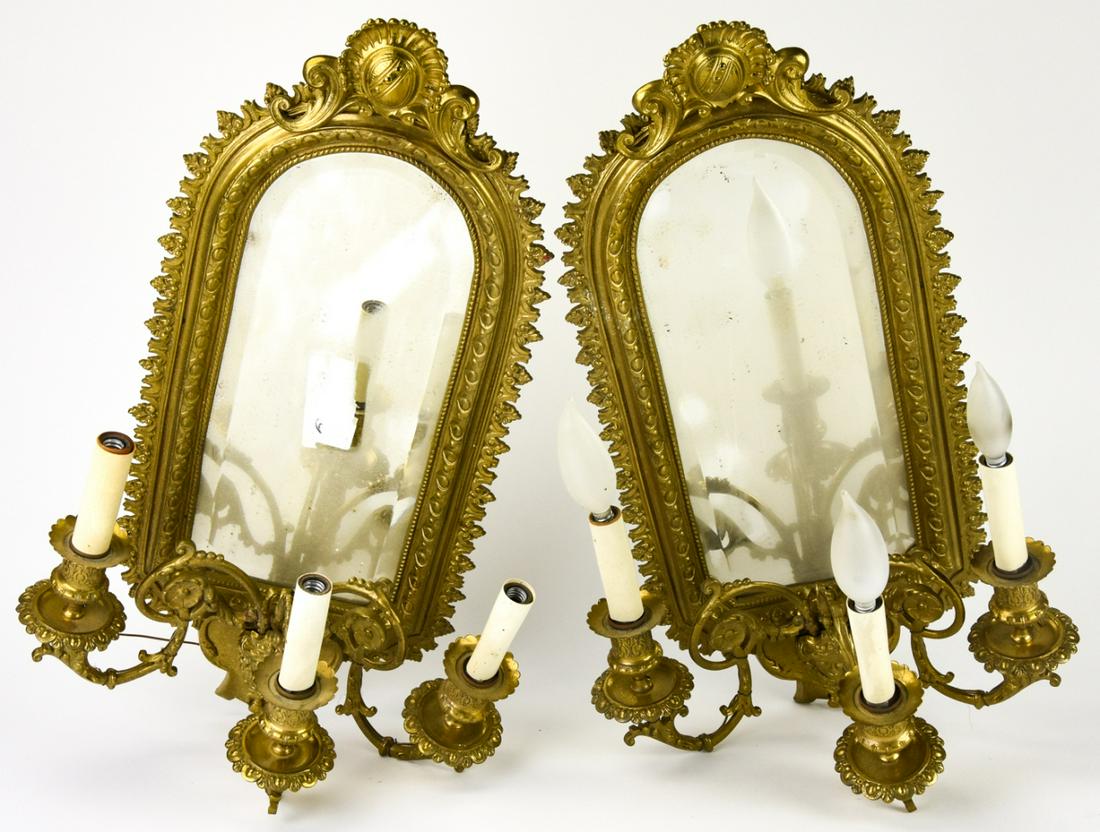 Pair Victorian Brass Mirror 3-Arm Wall Sconces (1 of 10)