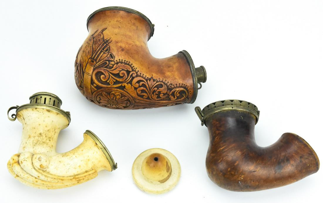 3 Carved Meerschaum Pipe Heads w Brass Lids (1 of 7)