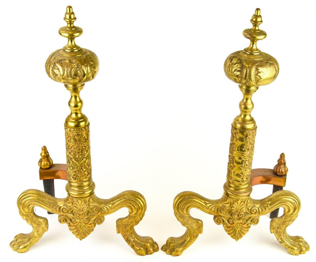Pair Neoclassical Style Brass  Andirons w Lion Paw (1 of 7)