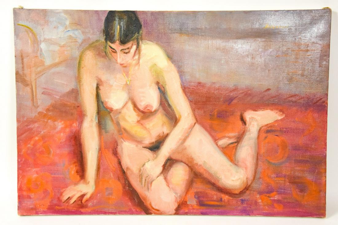 Butterfield Mid Century Painting Reclining Nude: Signed Evelyn Butterfield (American, 20th Century) Mid Century Oil on Canvas Painting of Reclining Nude. Unframed. Signed in upper right corner. Measures 20 inches high x 30 inches wide.