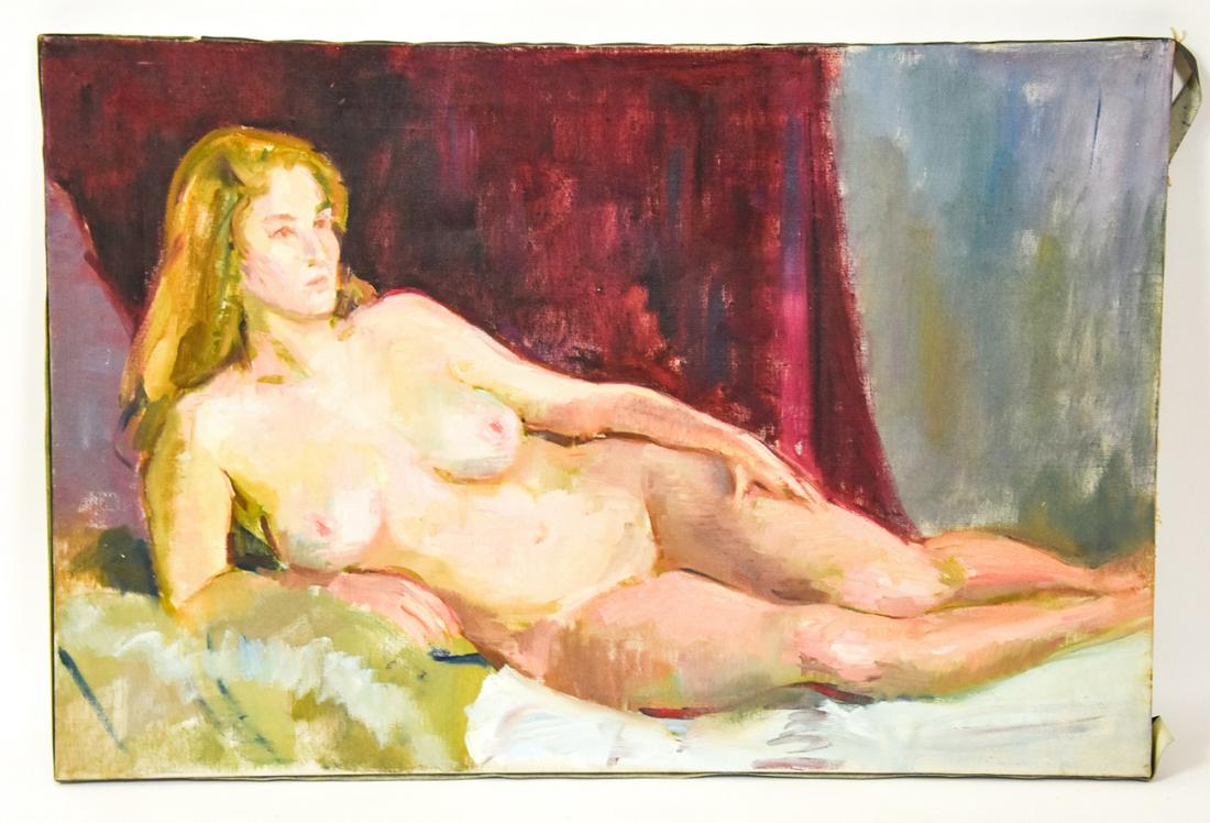 Mid Century Reclining Female Nude Oil on Canvas: Mid Century Reclining Female Nude Oil on Canvas. Unframed & unsigned. Measures 20 inches high x 30 inches wide.