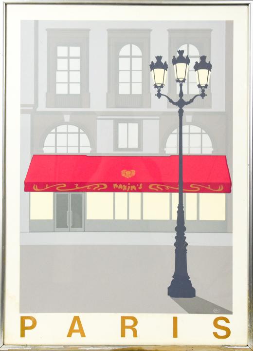 Framed Perry King "Paris" Silkscreen Poster: Framed Perry King (British, b. 1938) "Paris", 1983 Silkscreen Poster. Features the famed Maxim's restaurant. Originally purchased at Image Gallery. Poster measures 33.5 inches high x 24 inches wide. F