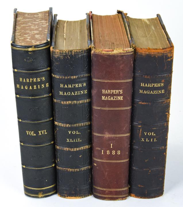Lot 4 Antique Mid 19th C Harper's Magazine Books: Lot 4 Antique Mid 19th Century Harper's Magazine Books. Includes Vol. XVI (December 1857 - May 1858), Vol. XVII (December 1870 - May 1871), Vol. XLIII (June - November 1871), Vol. LXXVI (December 1887