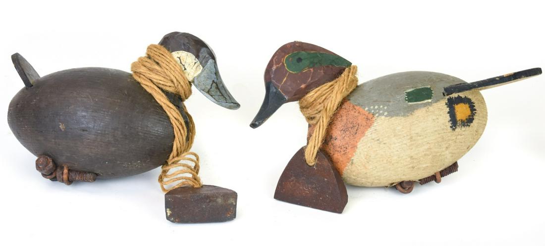 Pair Antique 19th C Carved Decoy Ducks w Weights (1 of 9)