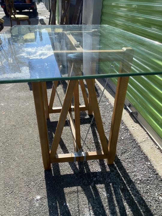 Modern Glass Top Wood & Metal Wire Base Table (1 of 1)