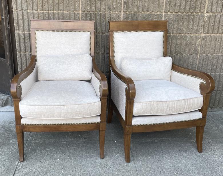 Pair Biedermeier Upholstered Bergere Chairs: Pair Biedermeier Upholstered Bergere Chairs. With rolled arms and nailhead trim. Measures 39 inches high x 27 inches wide x 27 inches deep 20 inches from floor to seat.