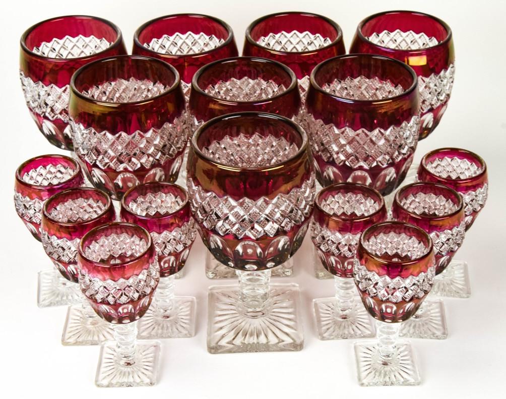 Set Painted Pressed Glass Water / Wine Goblets: Set Painted Pressed Glass Water / Wine Goblets & Cordials. Includes 8 goblets and 8 cordials. Largest measures 6.75 inches high x 3 inches in diameter.
