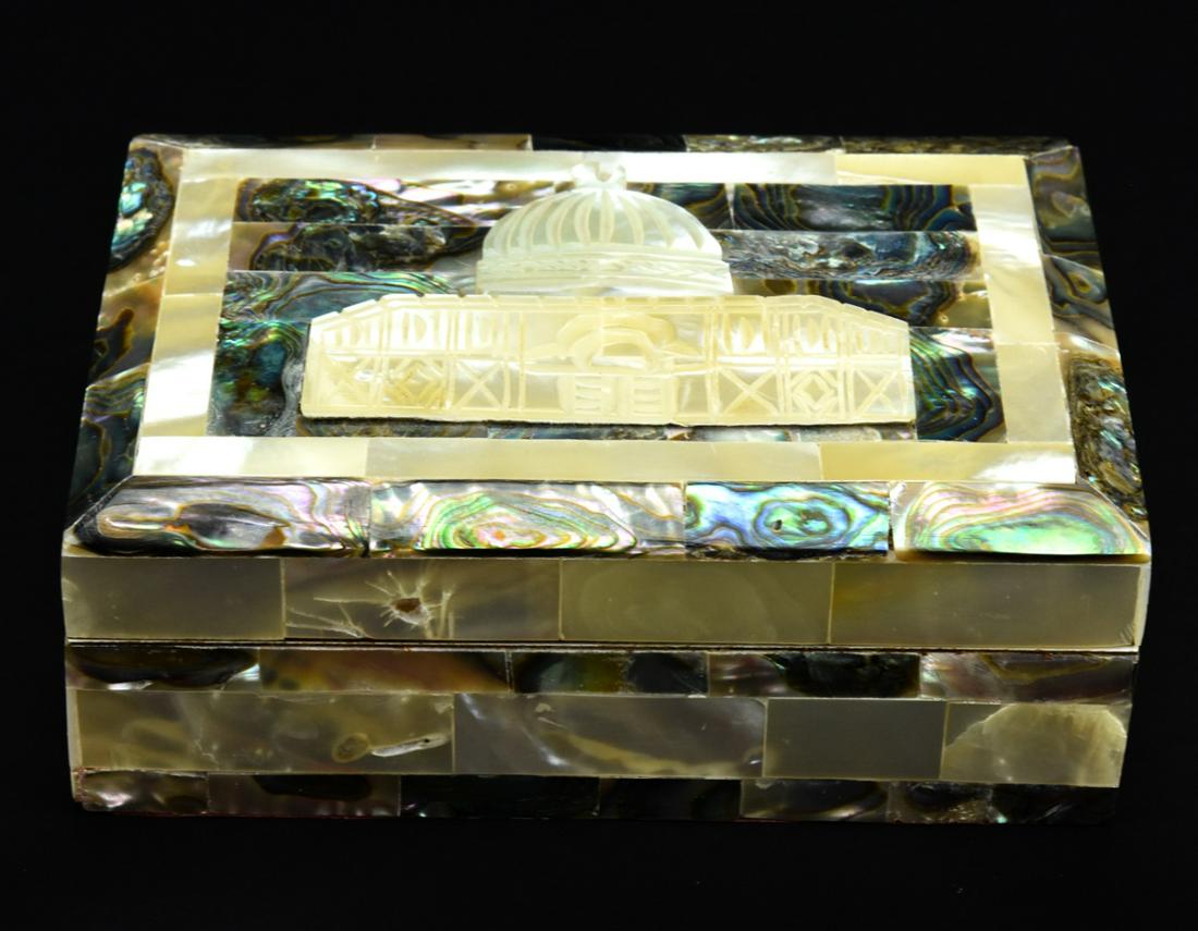 Mother of Pearl & Abalone Mosaic Jewelry Box: Mother of Pearl & Abalone Mosaic Jewelry Box w Carved Mother of Pearl Plaque on Top. Silk lined. Measures 2 x 5.25 x 3.75 inches.