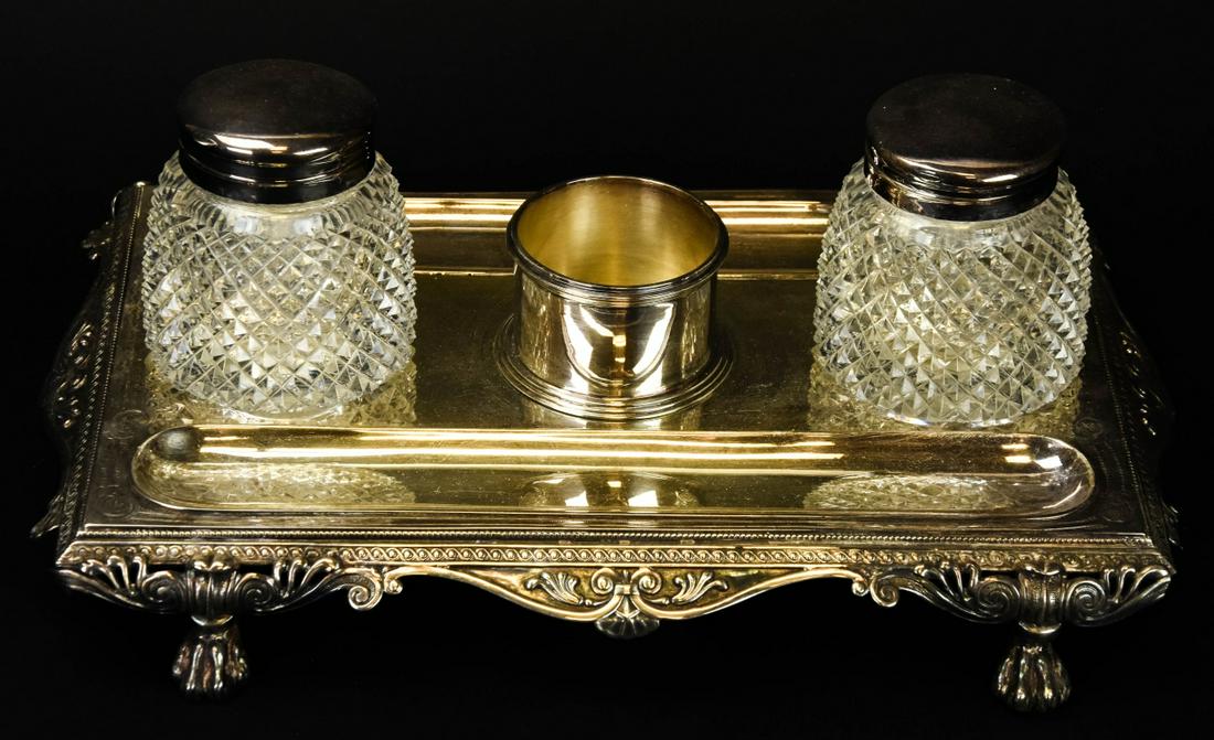 Antique Silver Plate Double Inkwell w Pen Tray (1 of 8)