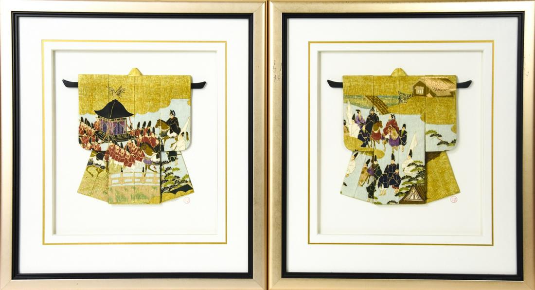Japanese Framed Miniature Painted Folded Kimonos (1 of 8)