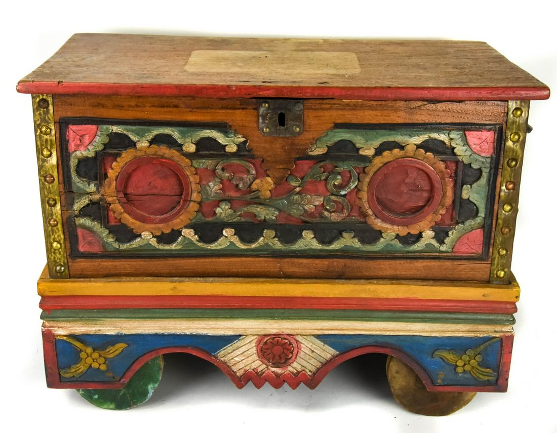 Antique Artisan Hand Carved Painted Rolling Trunk (1 of 9)
