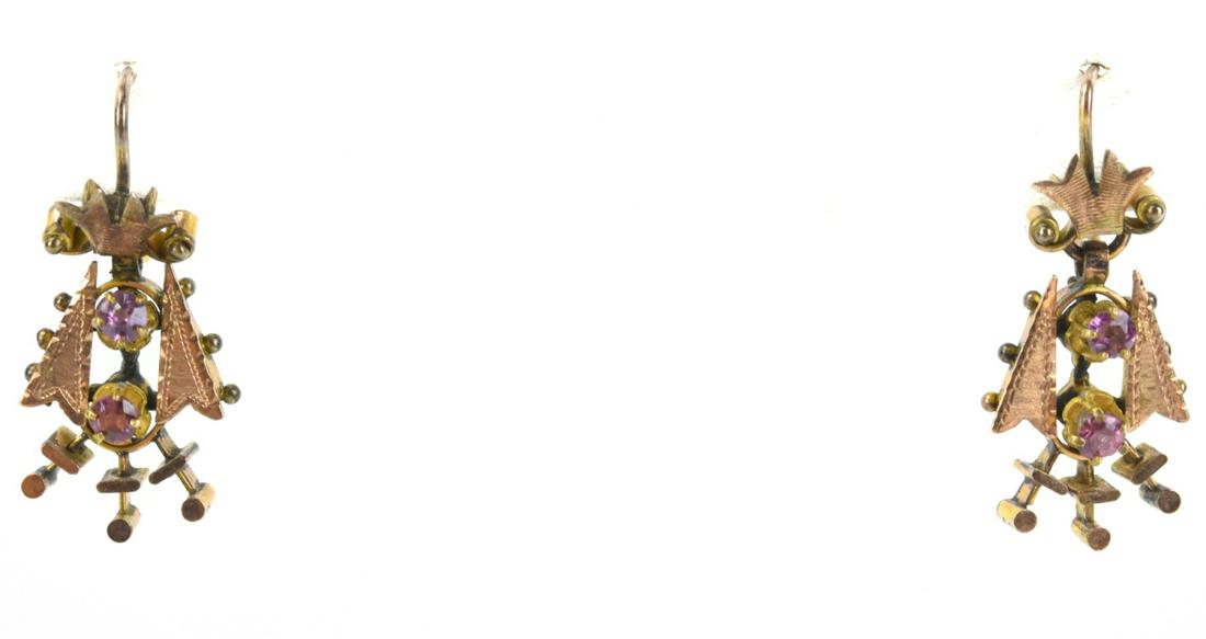 Antique 19th C Gold Aesthetic Movement Earrings: Antique 19th C Gold Aesthetic Movement Earrings. Gold filled / gold topped articulated earrings with ruby paste stones. Each measures 1 inch in length.