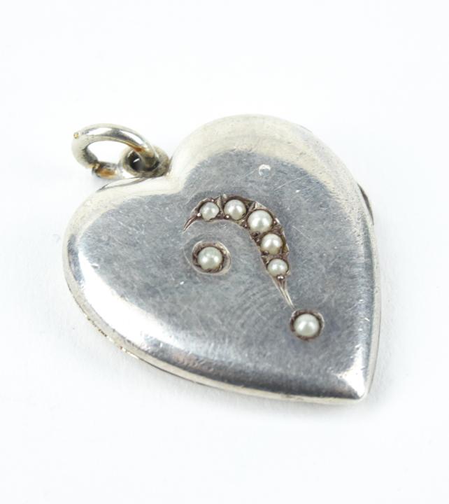 Antique Sterling & Seed Pearl Question Mark Locket: Antique Sterling & Seed Pearl Question Mark Locket Necklace Pendant. Heart form. Measures 1.25 inches in length.