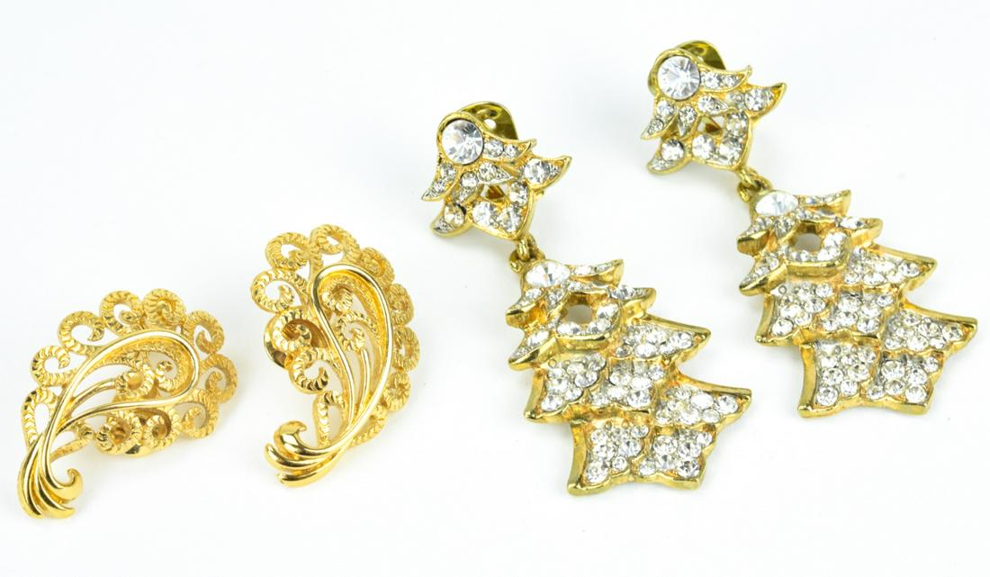 Kenneth Lane & Monet Clip on Earrings: Kenneth Lane & Monet Clip on Earrings. Both in gilt metal and signed. Larger pair measure 2.5 inches.