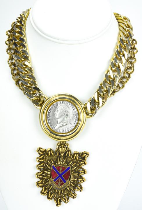 Vintage Necklaces / Coat of Arms & Coin: Vintage Necklaces / Coat of Arms & Coin. Enamel decorated coat of arms pendant and coin mounted pendant.