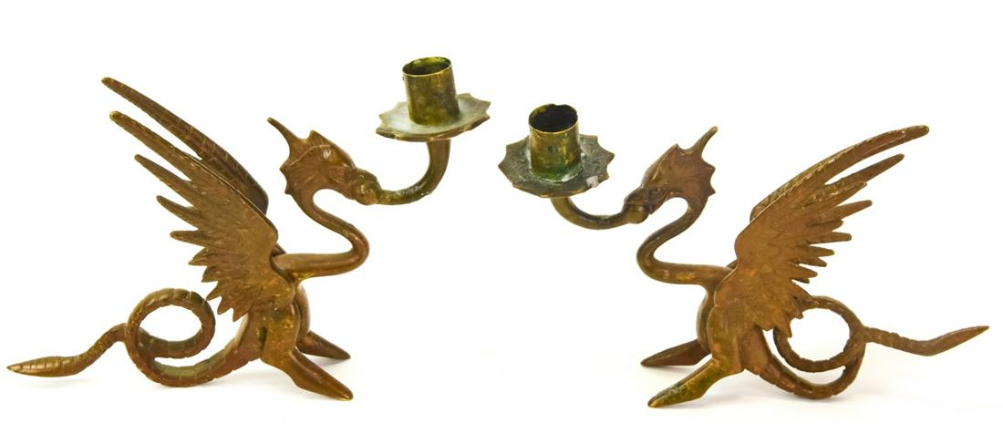 Pair Antique Brass Dragon Candlesticks (1 of 9)