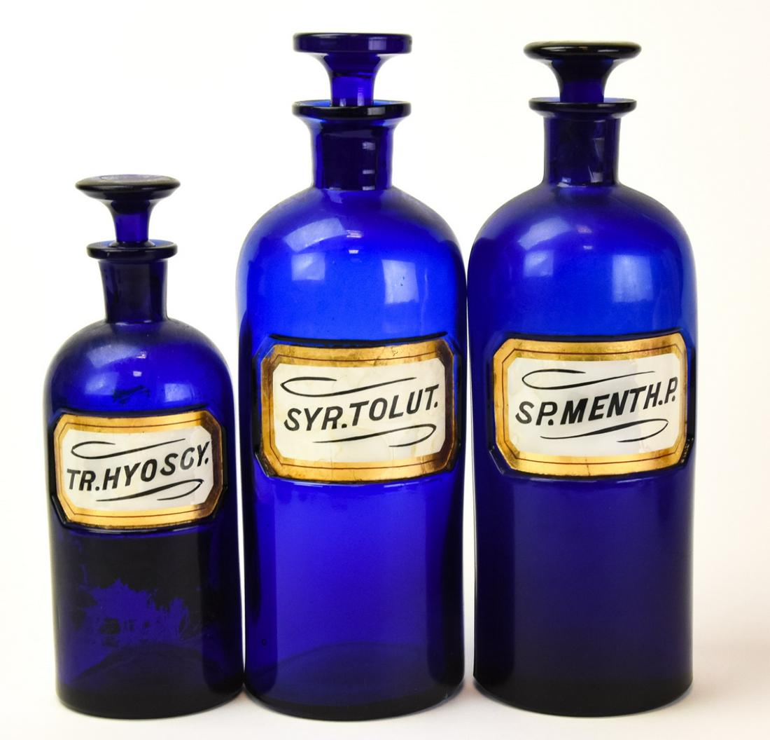 3 Antique Colbat Blue Apothecary Medicine Bottles (1 of 9)