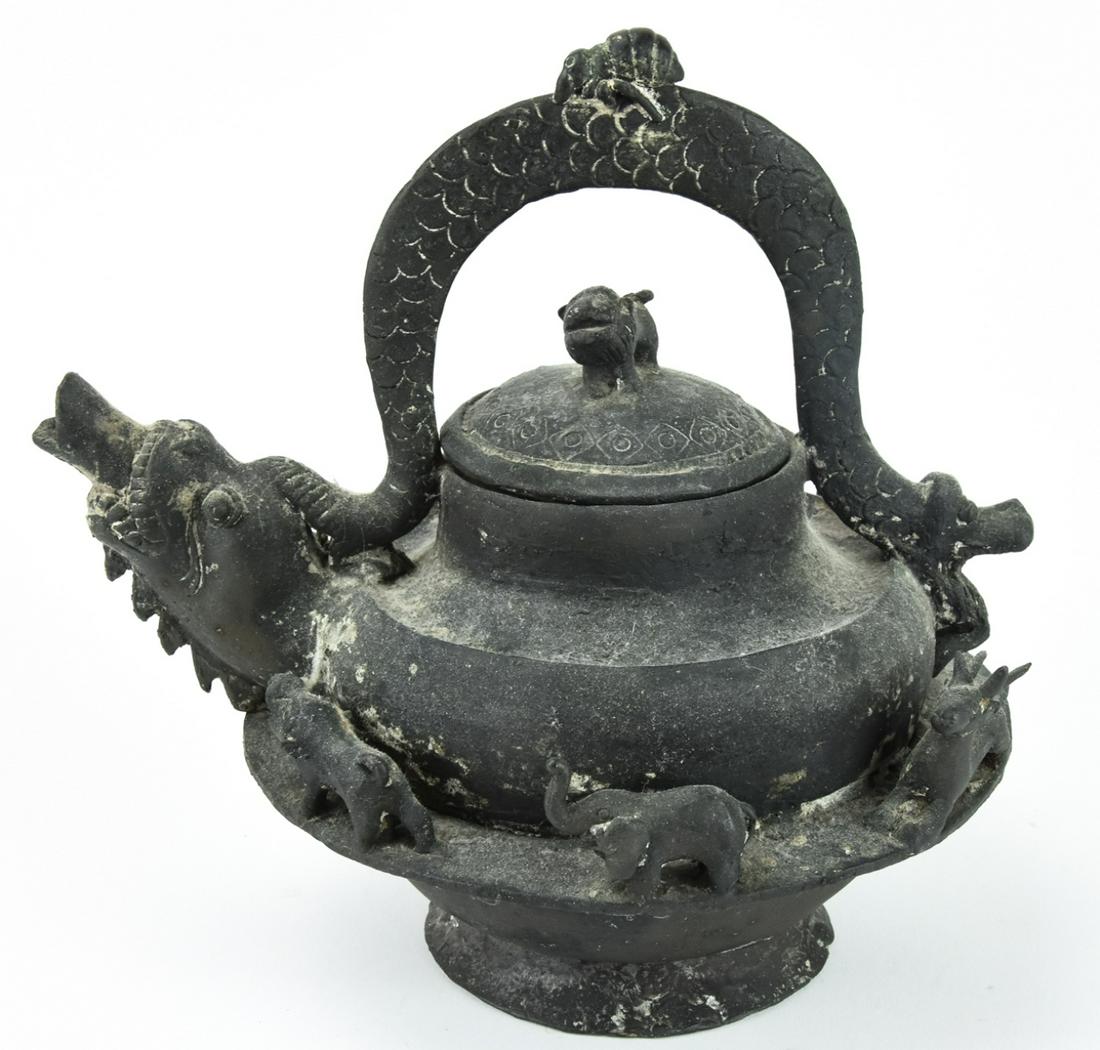 Antique Bronze Archaic Form Tea Pot w Handle (1 of 10)
