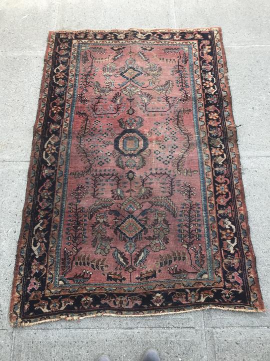 Antique Persian Tree of Life Hand Knotted Rug: Antique Persian Tree of Life Design Hand Knotted Rug. With crimson bas & navy blue border. Measures 79 inches high x 50 inches wide.