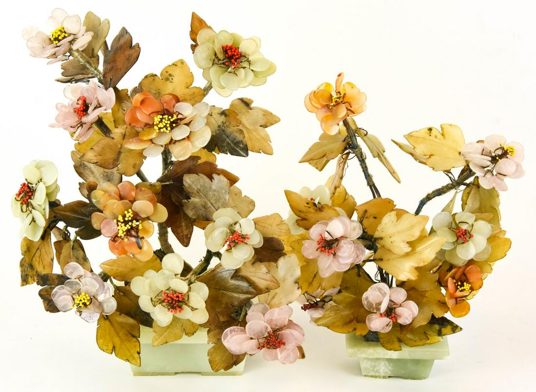 Pair of Chinese Jade & Rose Quartz Tree Statues (1 of 9)