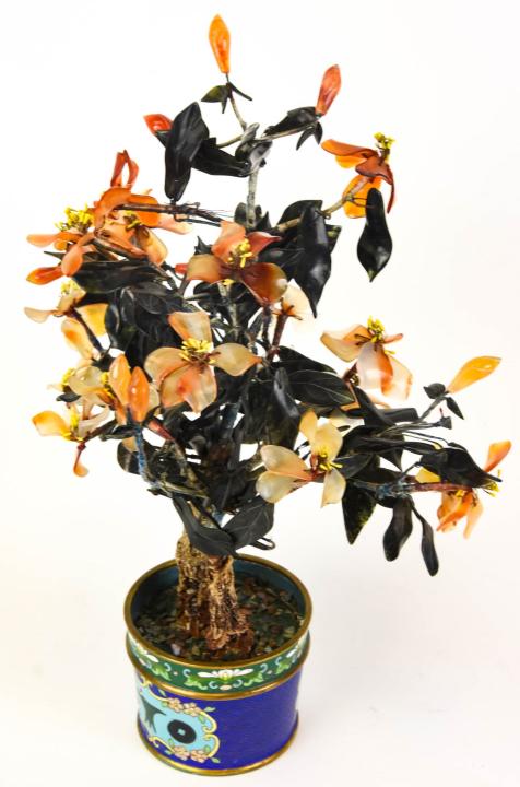 Chinese Cloisonne Enamel & Jade Tree Statue (1 of 7)