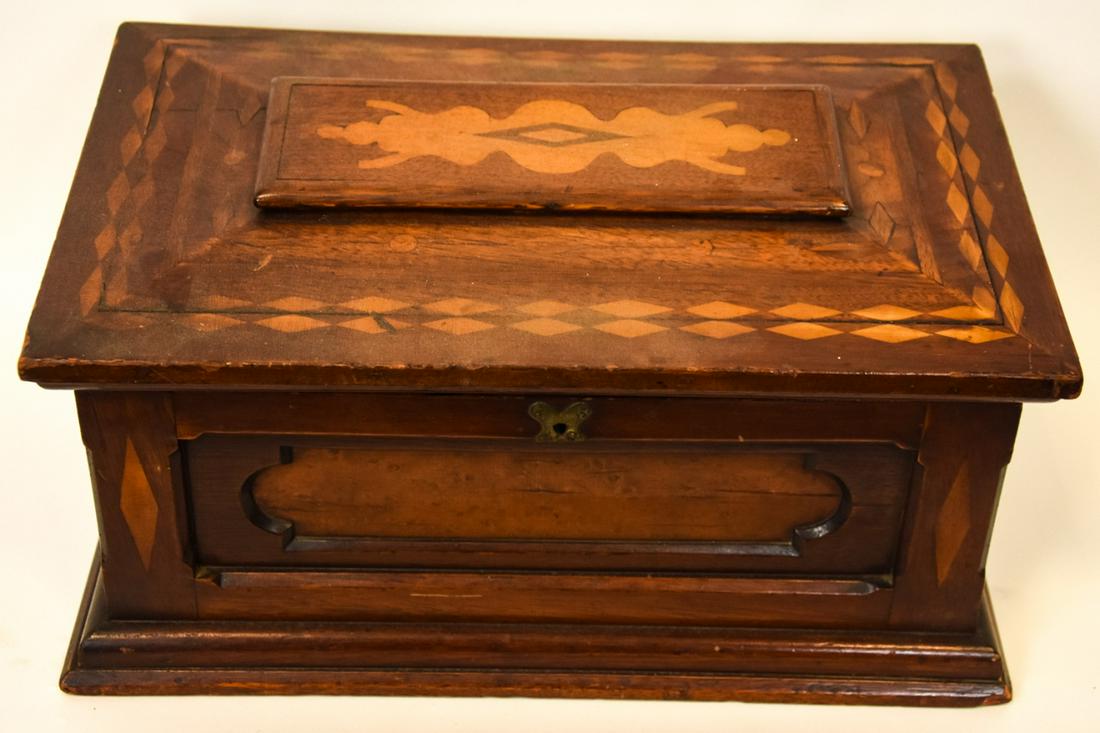 Antique Marquetry Inlaid & Carved Table Box: Antique Marquetry Inlaid & Carved Table Box. The interior of the box has a removable wood tray with storage underneath. Features tongue in groove construction. Measures 6.75 inches high x 15 inches wi