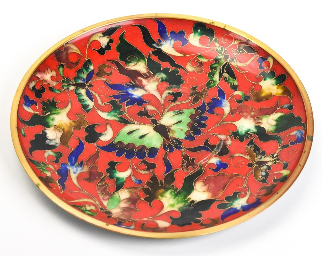 Chinese Champleve Enamel Butterfly Motif Dish: Chinese Champleve Enamel Butterfly Motif Dish. Measures 8.75 inches in diameter